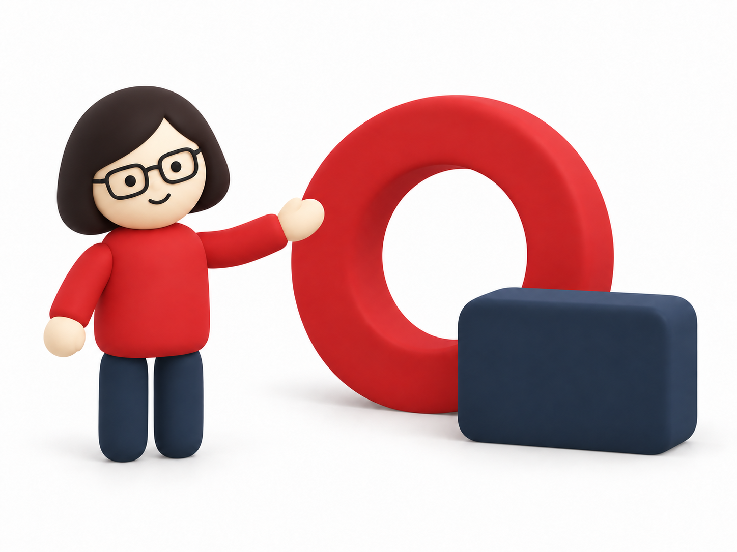代表・倉又美樹をモチーフにした、赤い服と眼鏡の笑顔の3D人物イラスト